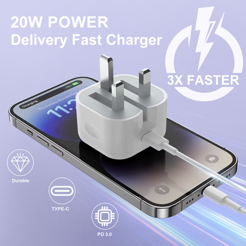 UK PD 20W Quick Charger Plug and Type C Charging Cable Power Adapte and Cord for iPhone